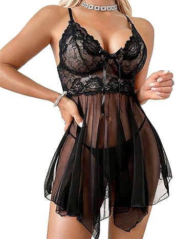 Sexy Lingerie for Women Lace Babydoll Dress Set | Deep V floral lace nightgown, adjustable straps, and flowy mesh hem for a flattering romantic fit.