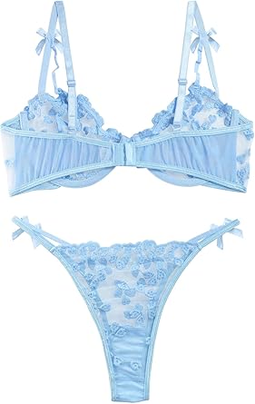 Lilosy Sexy Lingerie Set 2 Piece Women Push Up Bra and Panty 3XS-5XL | Cute Heart Embroidered Strappy Petite Sheer Mesh Bridal Bachelorette Wedding Underwire Exotic Honeymoon Valentine's Boudoir